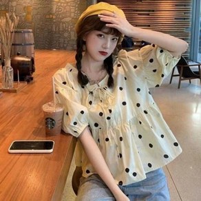 해피유통 여성 여름 도트 프린트 리본넥 퍼프소매 루즈핏 블라우스bhf