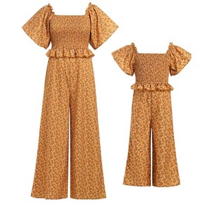 AWIBMK Mommy and Me Outfits 꽃무늬 단색 와이드 레그 점프수트 롬퍼 해변 휴일 사진 촬영용 브라운 플라워