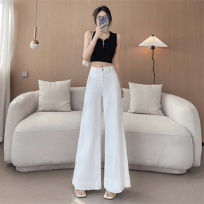 besteffie 여성용 필수템 와이드핏 하이웨스트 화이트 진 트렌디 데님 롱다리 팬츠 데일리룩 K63