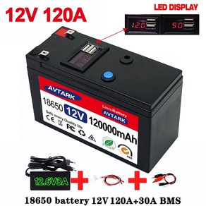 인산철 배터리팩 2023 업그레이드된 LiFePO4 리튬 12V 120Ah 휴대용 충전식 내장 5V 21A USB 전원 디스플레이 포트 충전, 2.45000mAh, 1개