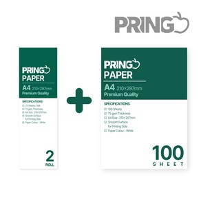 프링고 PRINGO 휴대용 무선 블루투스 미니 포터블 잉크제로 감열 프린터 A4 시트 100매 롤 25매 용지 세트, 1세트