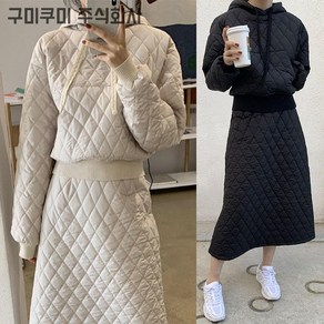 경량 패딩 후드 맨투맨 + 스커트 투피스 여성 겨울 편한 퀼팅 누빔 포켓 루즈핏 심플 두꺼운 보온 따뜻한 방한 방한복 외출 아우터 후드티 맨투맨 패션 데일리 롱스커트 상하세트