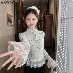 vsyoy 화이트 하프 하이 칼라 베이스 셔츠 여성용 스프링 아우터웨어 슬림 핏 레이스 디자인 탑 여성 의류