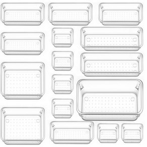 SAIVEINA 다용도 옷장 주방 사무실 화장품 욕실 책상 서랍 정리함 트레이 5가지 사이즈 아크릴 투명 보관 수납함 16피스