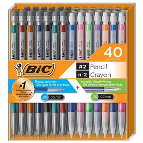 BIC 샤프 #2 매우 부드럽게 써지는 다양한 40개 대용량 구성의 펜슬 0.5mm 20개와 0.7mm 20개로 구성된 샤프 색상의 몸통 전문적인 사무실 및 학습용 제품