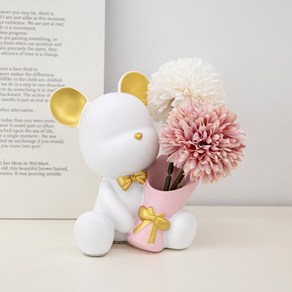 [꾸민뜰] 인테리어 소품 곰돌이 화병+조화꽃 세트(화이트+폼폼 세트), 화이트 화병1p+폼폼 조화꽃 2p, 1개