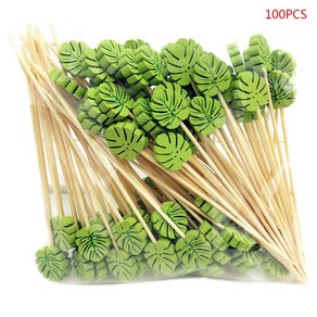 100 pcs 4.7 인치 수제 자연 파티 이쑤시개 장식 대나무 칵테일 픽, 녹색, 둥근 잎, 1개, 100개