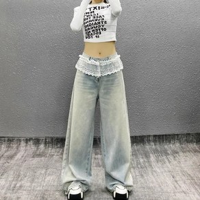 쁘띠꼬모허리 레이스 장식 롱 와이드 캣브러쉬 워싱 여성용 데님 팬츠