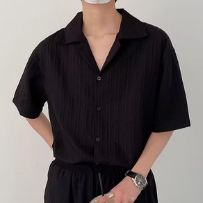 쇼핑센트럴 플리츠 오픈카라 남성 반팔셔츠