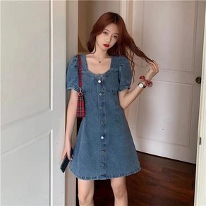 COBOTOR 여성 데님 원피스 미니 반팔 빈티지 심플 봄 여름 가을 여자 청 드레스 woman denim dess JX1854