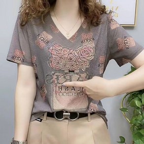 ROYALBELLE 여성 플라워 프린트 브이넥 캐주얼 티셔츠 큐빅 패션 루즈핏 반팔 티셔츠 D0031420