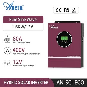 Aenn 오프 그리드 인버터 태양광 하이브리드 순수 사인파 인버터 80A MPPT 태양광 충전기 내장 3000W 1600W 1500W 1000W 24V 12V, 1개