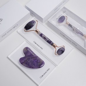 이네즈 천연 자수정 하트 괄사 페이스롤러 마사지기 2종, 퍼플, 1세트
