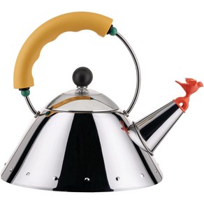 Alessi 알레시 9093 1 Y 스테인리스 주전자 2L 노랑 손잡이 빨간 새 장식 휘슬 이탈리아산, 1개