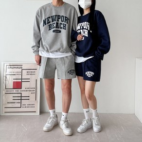 [얼로우]뉴포트 맨투맨&반바지 세트 남여공용 커플룩 시밀러룩 트레이닝 셋업 투피스 오버핏 숏팬츠
