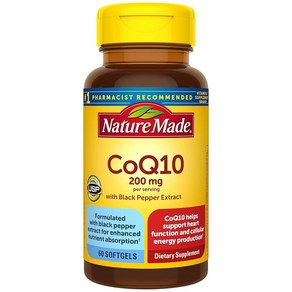 네이처메이드 Natue Made CoQ10 1회 제공량당 200mg 영양소 흡수 향상을 위한 흑후추 추출물 심장 건강 지원 소프트젤 60개 30일 분량, 1개