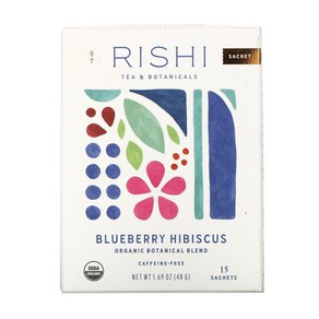 Rishi Tea 유기농 식물성 혼합물 블루베리 히비스커스 카페인 무함유 15봉지 48g(1.69oz), 1개, 15개