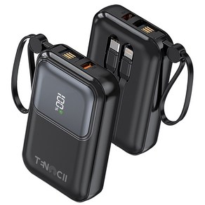 TENCII 휴대용 고속충전 QC 3.0 PD 22.5W 3개 충전선 내장 도킹형 미니 보조배터리 10000mAh, 블랙