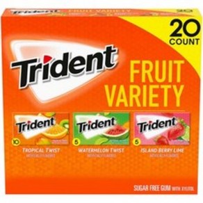 Trident Fruit Variety Gum 트라이덴트 무설탕 껌 (트로피칼-10/ 수박-5/아일랜드 베리라임-5 총과일 3종 [14개스틱팩 20개 1박스]