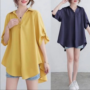 빅사이즈L-6XL 여성 쉬폰 반팔 남방셔츠 오버핏 언발 블라우스 오피스룩