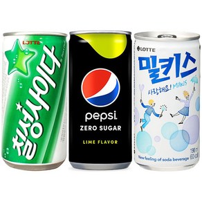 칠성사이다 12캔+펩시 제로 슈거 12캔+밀키스 6캔 총 190mlx30캔 미니캔 세트, 190ml, 1세트