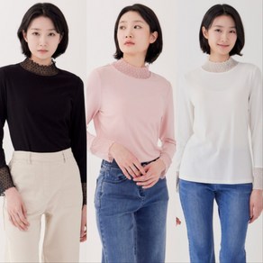 [지센] 여성 변형 골지 레이스 패치 스판긴팔티셔츠 (색상3종) LFTSP101