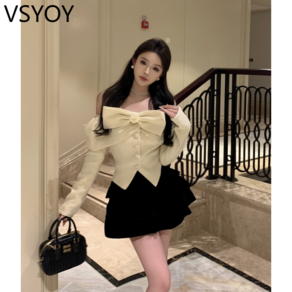 vsyoy 오프 숄더 카디건 벨벳 푹신한 스커트 생일 파티 세트