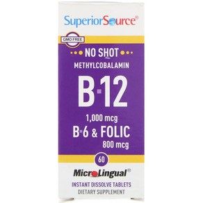 Supeio Souce 메틸코발라민 B-12 1 000mcg B-6 엽산 800mcg MicoLingual 빠른 용해 정제 60정, 1개