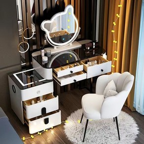 LED조명 확장형 수납 화장대세트, 흰검정색+스마트 수납장+거울(D)+의자(I), 120cm