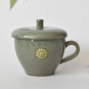 국내산 청자 해바라기 뚜껑쌍화차잔 대추찻잔 전통찻잔 350ml, 1개