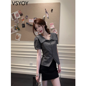 vsyoy 흑백 줄무늬 옷깃 반팔 셔츠 여성용 여름 복고풍 슬림 핏 셔츠 디자인 센스 우아한 올매치 탑