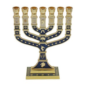 메노라 Candelabum 촛대 7 지점 클래식 유럽 스타일 하누카 메노라 캔들 홀더 거실 연회 장식, 파란색, 27.5x22cm, 금속