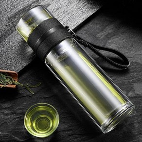 유리텀블러 300ml 차망 녹차 보이차 차우림 2중 내열 유리보틀, 유리텀블러_블랙, 1개