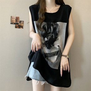 ROYALBELLE 여성 민소매 나시 라운드넥 빅사이즈 루즈핏 프린팅 미덤 나시 U0041455