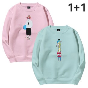 문컬렉션 1+1 SET 긴팔 티 남여공용 라운드 캐릭터 데일리 기본핏 티셔츠 특양 맨투맨 밀집모자 + 꼬깔기린 남성 여성