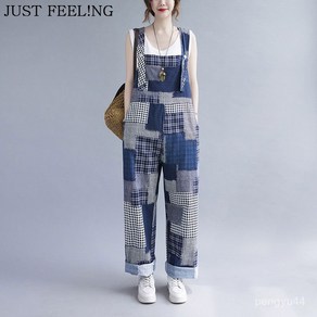 JUST FEEL!NG 패치 멜빵 여름 면마 와이드 팬츠 빅사이즈 점프슈트 패션 여성 멜빵 바지