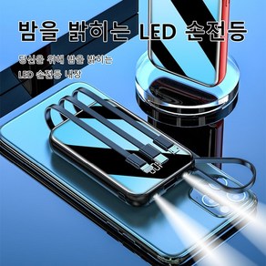 미니 컴팩트 보조배터리 20000mAh 4개의 충전 케이블 내장 휴대 간편 초고속보조배터리 PSE 인증/고속 충전/배터리 잔량 표시/USB 출력 포트 2개, 화이트-4개 충전선 제공