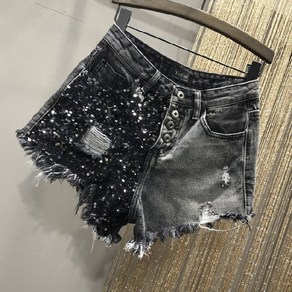 스팽글 데님 반바지 여 빅사이즈 하이웨스트 대미지 women's denim shorts 하늘비즈 A8 O255W555