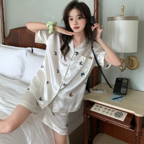 BIKASU 여성 여름 잠옷 세트 나비 반팔 반바지 실내복 파자마 실크 홈웨어