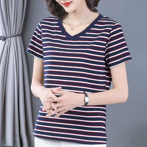 ROYALBELLE 여성 스트라이프 반팔 티셔츠 넉넉한 여유핏 데일리웨어 패션 캐주얼 라운드넥 티셔츠 D0031322