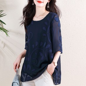 ROYALBELLE 여성 하프기장 라운드넥 프린팅 패치워크 5부 소매 쉬폰 블라우스 A0041859