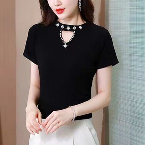 ROYALBELLE 여성 슬림핏 라운드넥 반팔 티셔츠 진주 큐빅 포인트 탑 A0041804