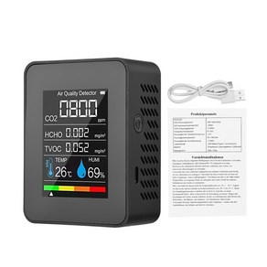 5 인 1 실내 공기질 모니터 CO2 검출기 포름알데히드 HCHO TVOC 테스터 LCD 온도 습도 측정기 알람 미터, 1개, 02 Black, 01 Black