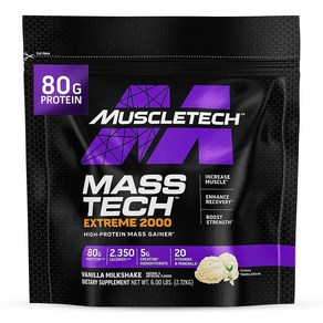 Muscletech 고단백질 매스 게이너 바닐라 밀크쉐이크 2.7kg6파운드 - Mass Tech Exteme 2000 Gaine 단백질 파우더 보충제 근육 증가 회복 및, 1개, 2.72kg