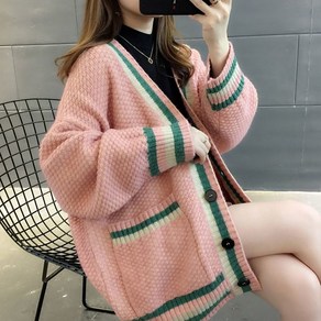 ROYALBELLE 여성 가을 겨울 루즈핏 니트 가디건 브이넥 긴 소매 캐주얼 스타일 A0010211