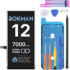 bokman fo iPhone 12/12 Po 배터리 교체 7000mAh 대용량 Li-ion 폴리머 배터리 모든 공구 키트 포함, iPhone 12, 1개