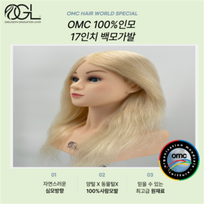 오지엘 OMC 백모 100% 인모 미용 가발 연습용 통가발 커트 드라이 업스타일 탈색, 17인치 백모OMC가발, 1개