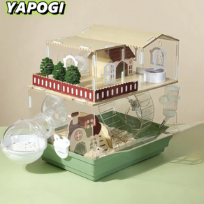 YAPOGI 세계일주 이층 햄스터 쳇바퀴 스마트리빙 케이지 완전 투명 대형 햄스터집, 1개, 그린