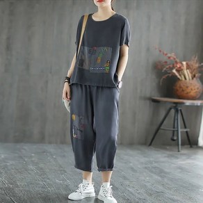 지고다그 빅사이즈 여성 여름 반팔티셔츠 + 밴딩 7부바지 캐주얼 4050대 커버 편한 140KG까지 ZH0372
