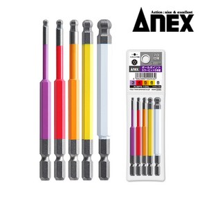 ANEX 아넥스 육각 볼렌치 세트 ACBP5-100L 100mm 컬러비트 5PCS 임팩용 볼포인트 렌치 볼렌찌 육각비트 일제 카리스툴, 5개